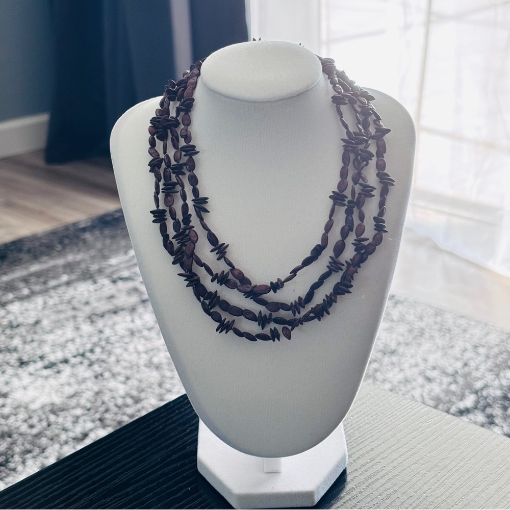 Brown Natural Seed Bead Necklace 60” Long Single Strand Boho Layering